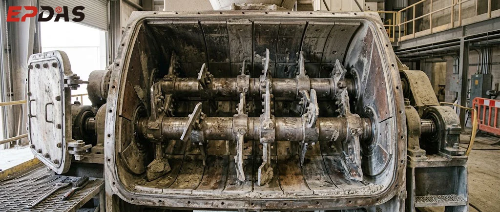 Interior of a twin-shaft concrete mixer showing blades and shafts