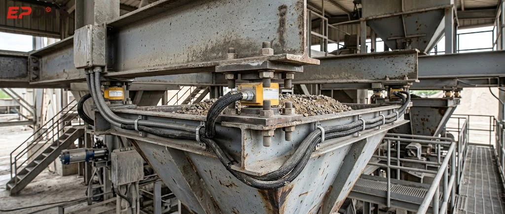 Batching plant weighing hopper and its supporting connections