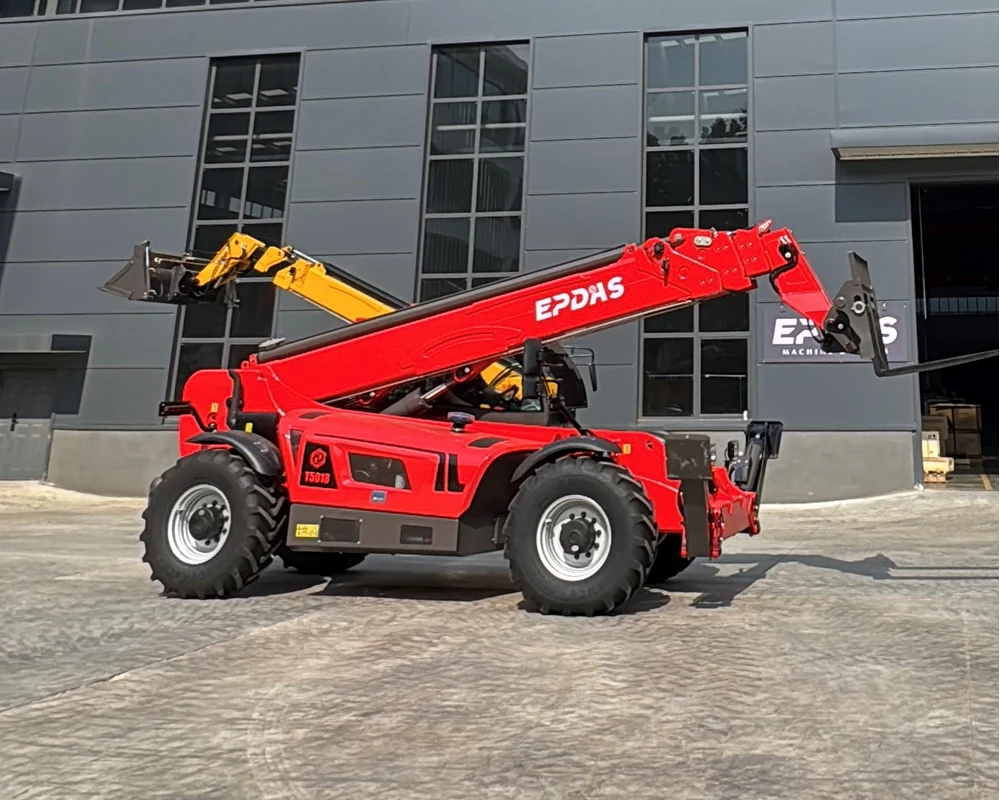 Red EPDAS telehandler outside a workshop